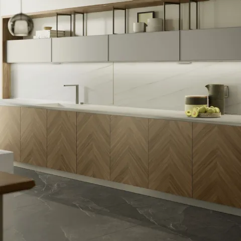 Cucina Moderna con isola Blend in Noce con disegno spinato di Composit