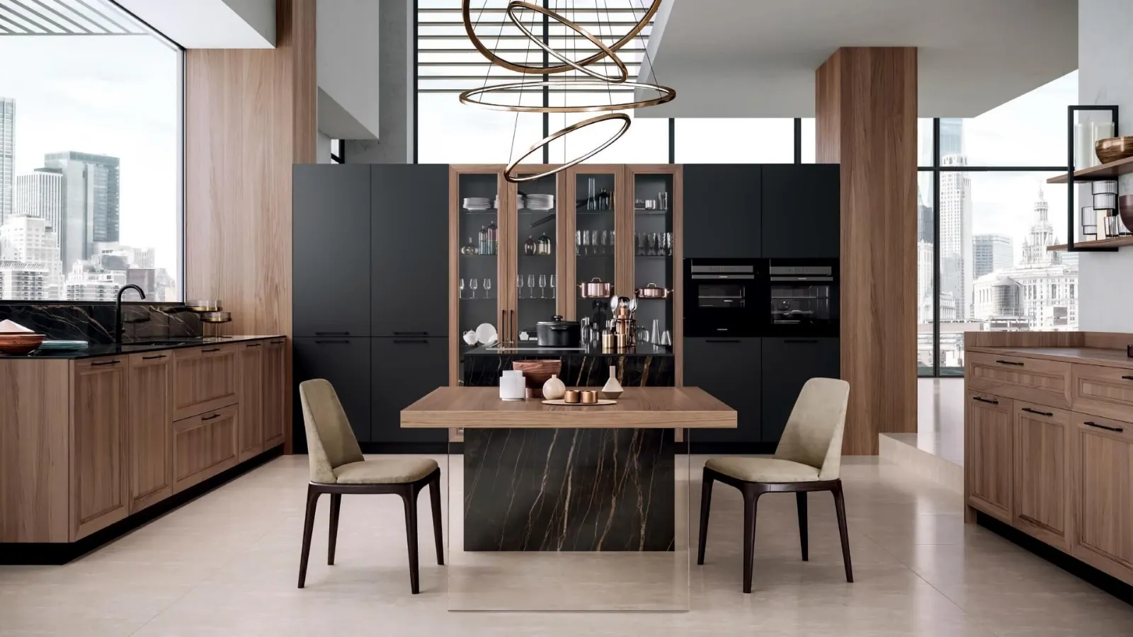 Cucina Moderna con isola Marilyn in Noce e Fenix Nero con top in marmo di Composit