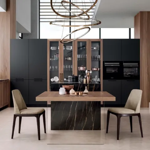 Cucina Moderna con isola Marilyn in Noce e Fenix Nero con top in marmo di Composit
