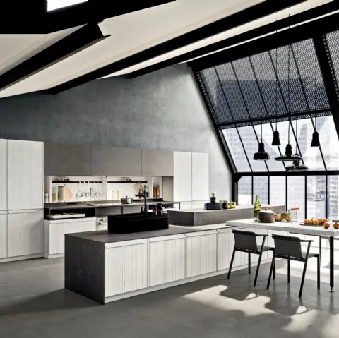 Cucina Moderna con isola Pepper in Larice Bianco spazzolato e laminam Greco Nero di Composit