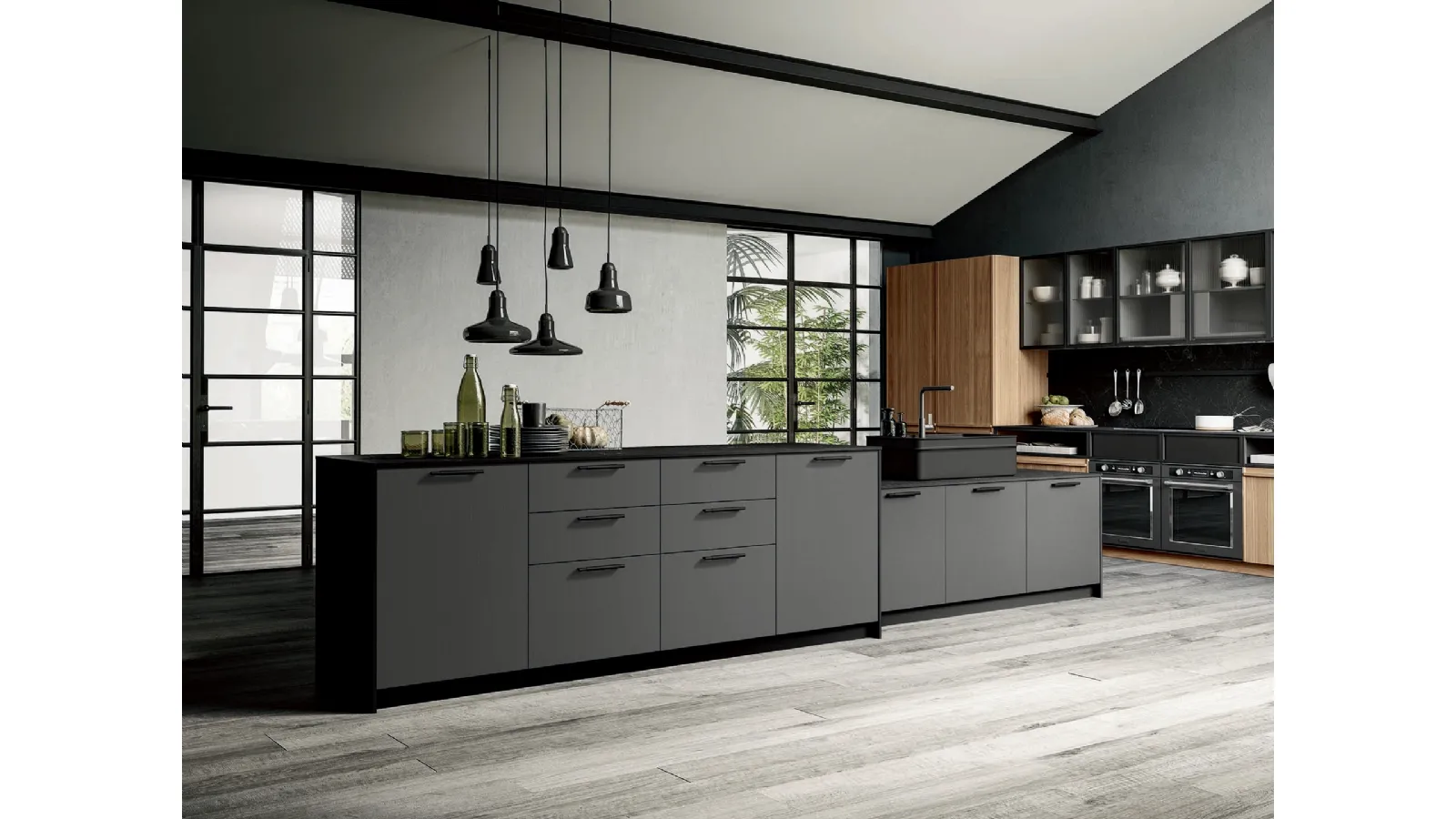 Cucina Moderna Pepper con isola in laccato opaco Antracite di Composit