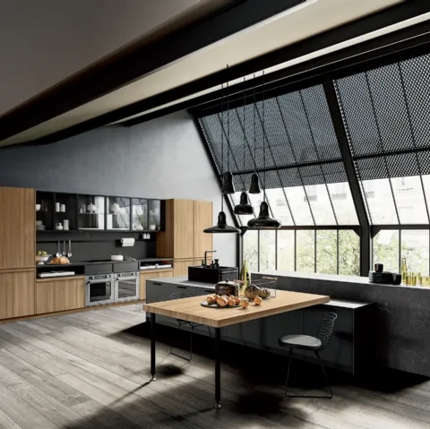 Cucina Moderna con isola Pepper finitura Olmo e laccato opaco Antracite con top in laminam Nero Greco di Composit