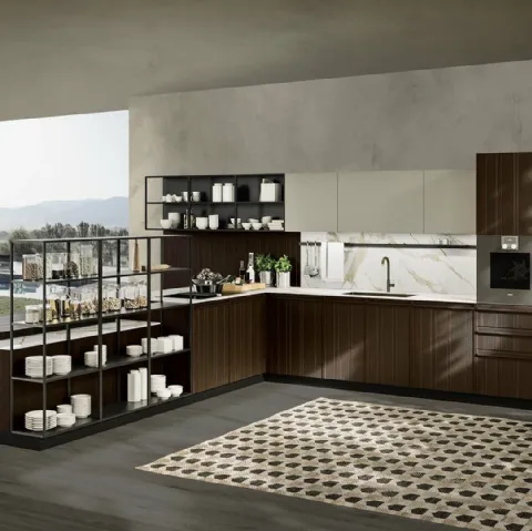 Cucina Moderna con penisola Pepper Rovere Termotrattato Dogato e Fenix Castoro Ottawa con top in laminam Calacatta Oro di Composit