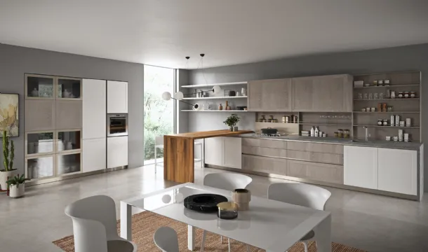 Cucina Moderna con penisola Vita Bella in Rovere Dust e laccato Bianco opaco di Aran