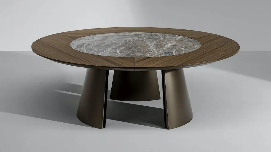 Tavolo rotondo Torii ST con top in legno e ceramica e base in metallo di Bonaldo