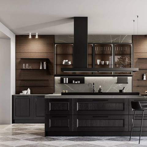 Cucina Classica con isola Gioiosa 02 in laccato nero e noce di Arredo3