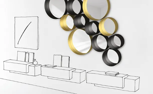 Specchi circolari da parete Punto finitura antracite e foglia oro di Minotti Italia