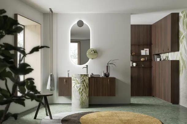 Mobile da Bagno sospeso in Eucalipto con lavabo freestanding rivestito in fibra di vetro fantasia Cartabianca 06 di Cerasa