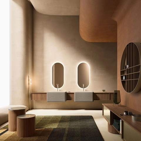 Mobile da Bagno Des Evolution Caramel 02 in Noce Canaletto con lavabi in resina di Cerasa