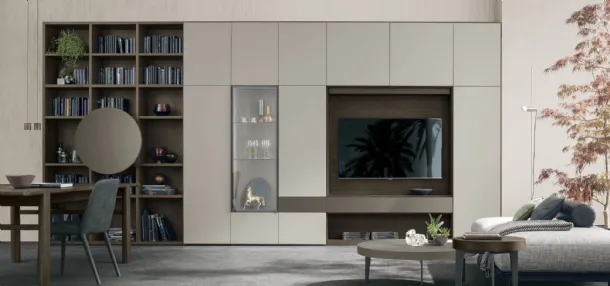 Libreria Atlante UNIT AT210 in materico rovere moka, laccato metallizzato bronzo e materico opaco arena di Tomasella