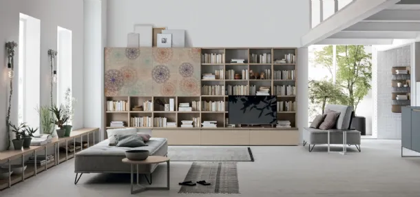 Libreria Atlante UNIT AT218 in materico rovere sabbia con grafica artistica di Tomasella