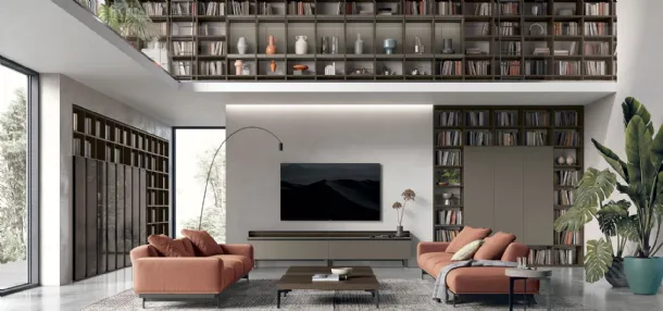 Libreria Atlante UNIT AT222 in materico rovere moka e laccato metallizzato ghisa di Tomasella