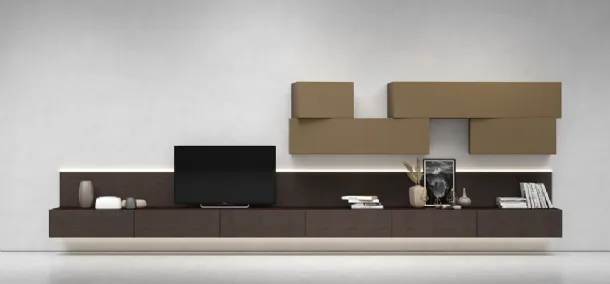 Mobile Porta Tv sospeso InclinArt in legno con pensili in laccato opaco di Presotto