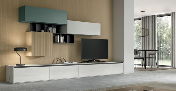 Parete Attrezzata Living Glass in laminam Pietra di Savoia e impiallacciato di Arredo3