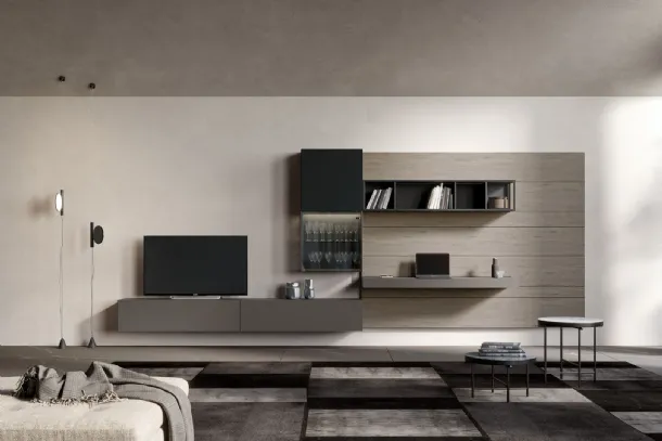 Parete Attrezzata Rebel Living 02 in laccato opaco, legno e vetro di Fimar