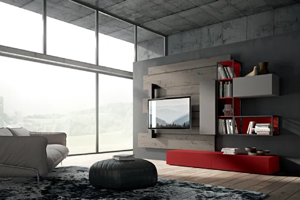 Parete Attrezzata Rebel R 06 in laccato opaco cenere e rosso e quercia di Fimar