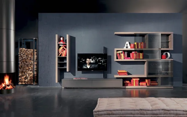 Parete Attrezzata con porta TV orientabile Side 08 in laccato opaco e legno di Fimar