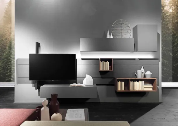 Parete Attrezzata Sorvolo D01 in finitura pietra lavica, laccato ferro e noce random di Fimar