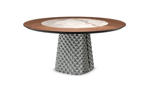 Tavolo con base in cristallo specchiato e piano in legno e ceramica Atrium Ker-Wood Round di Cattelan Italia