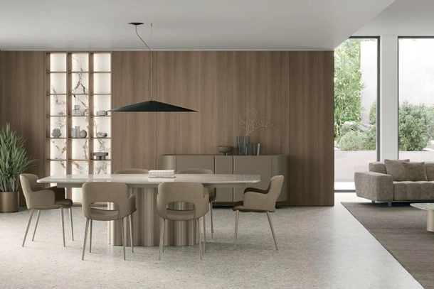 Tavolo Fortuny con piano in gres e struttura in metallo di Tomasella