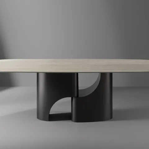 Tavolo Taijitu con piano in marmo e base in metallo di Bonaldo