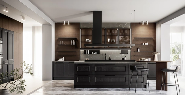 Cucina Classica con isola Gioiosa 02 in laccato nero e noce di Arredo3