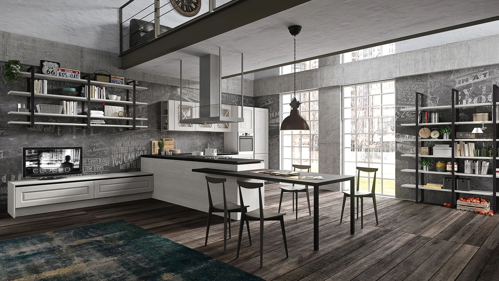 Cucina Classica  con penisola Bellagio in legno laccato Bianco Ghiaccio decapé di Aran