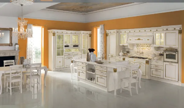 Cucina Classica con isola Imperial Elegance in Frassino Bianco canapa decapato e foglia oro di Aran