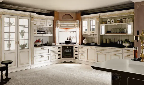 Cucina Classica Imperial Emotion angolare in patinato Bianco Canapa con decorazione oro di Aran