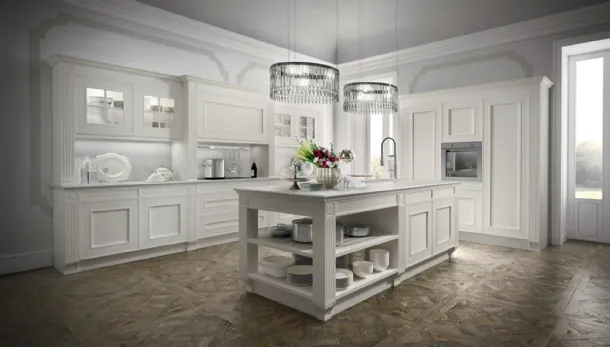 Cucina Classica con isola Melograno in Rovere laccato Bianco e marmo Statuarietto di Composit
