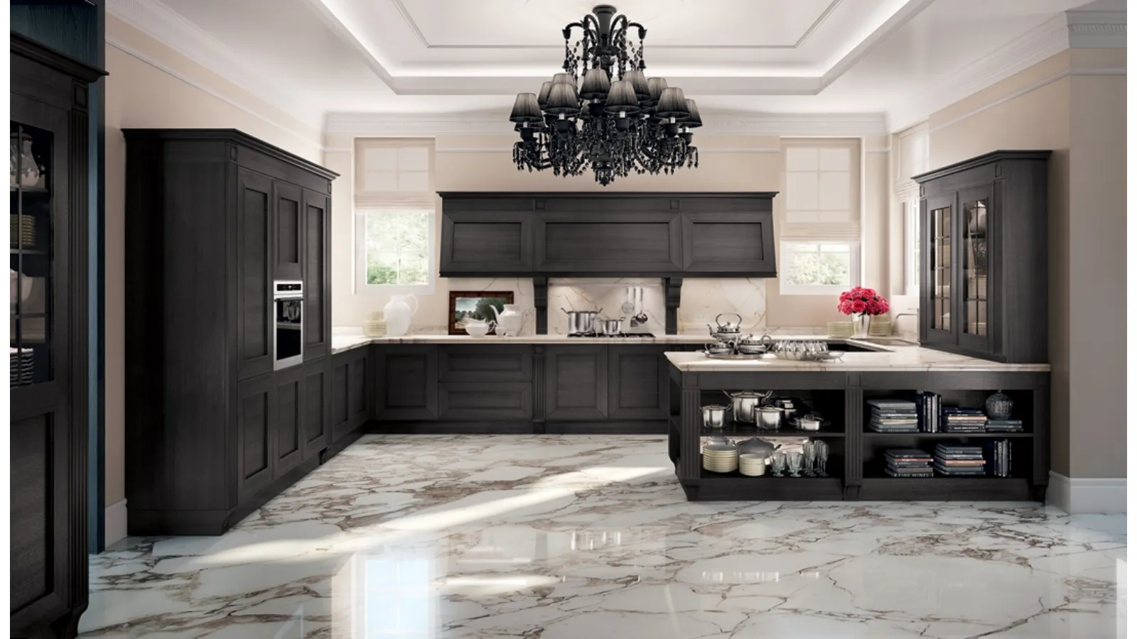 Cucina Classica angolare con penisola Melograno in Rovere tinto Grigio Scuro e top in marmo Calacatta Oro di Composit