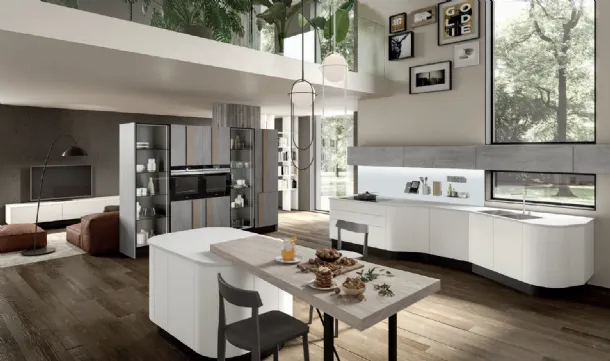 Cucina Design dalla forma asimmetrica con isola Erika in LPL Bianco di Aran