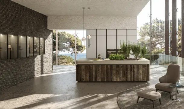 Cucina Design Oasi in Rovere ossidato con piante inserite nel top di Aran