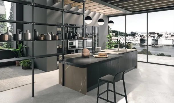 Cucina Design con isola Volare in Rovere Moka e laminato di Aran