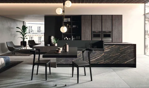 Cucina Design con isola Bijou in grès cava noir desir di Aran