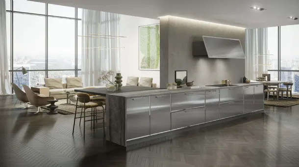 Cucina Design Céline in acciaio inox con top in marmo e penisola in Rovere Wengé di Composit