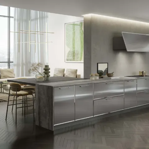 Cucina Design Céline in acciaio inox con top in marmo e penisola in Rovere Wengé di Composit