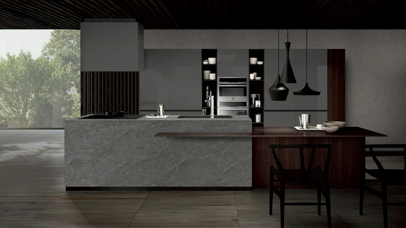 Cucina Design in laccato lucido Grigio Londra con isola in HPL Argento e Laminato Rovere Termico Linea Edge di Composit