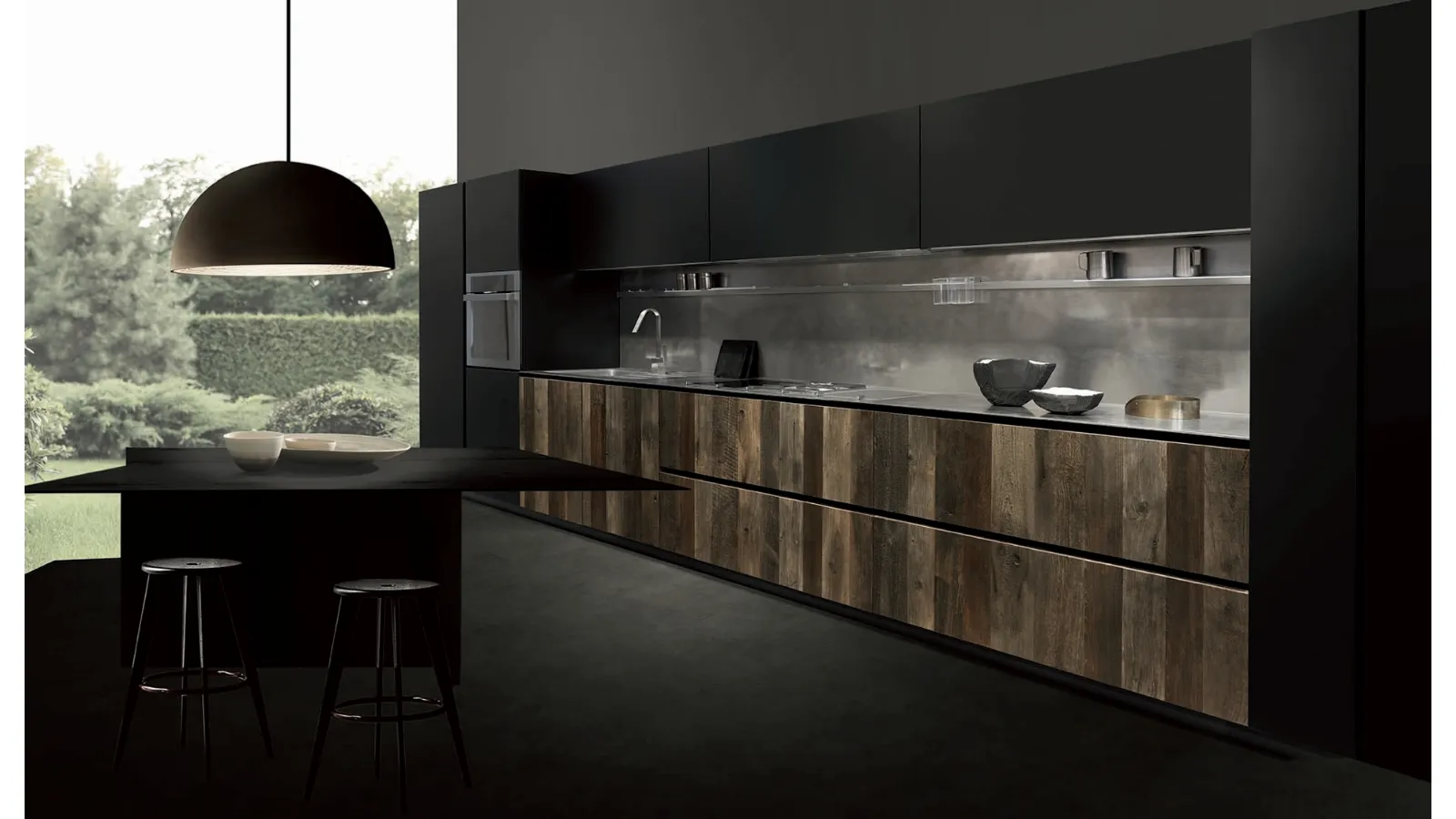Cucina Design lineare Linea Pure in Natural Wood multicolor con top in acciaio vintage e pensili ie colonne in vetro satinato laccato Nero opaco di Composit