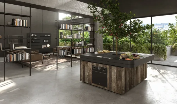 Cucina Design a isola di forma quadrata con albero centrale Oasi in Rovere ossidato di Aran