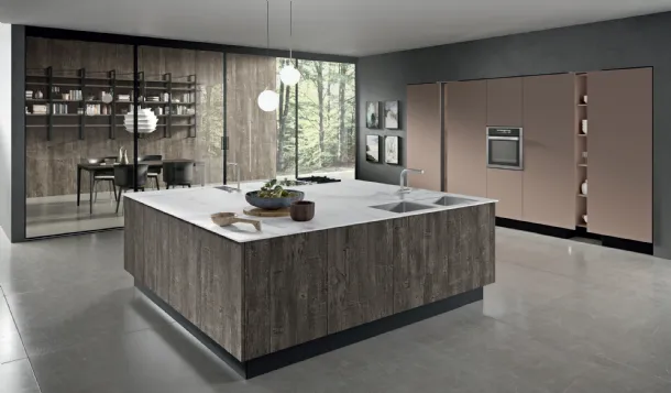 Cucina Design a isola centrale Penelope in HPL corteccia e piano in grès statuario bianco di Aran