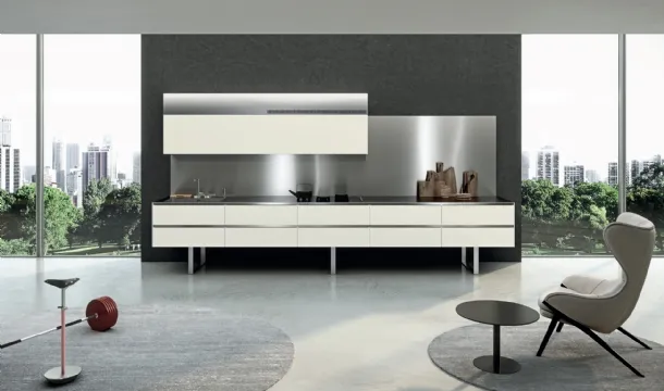 Cucina Design lineare Sipario in Fenix Bianco Kos e Acciaio inox di Aran