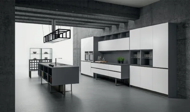 Cucina Design Sipario con isola in Fenix Grigio Bromo e Bianco Alaska di Aran