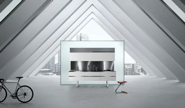 Cucina Design lineare Sipario in Fenix Bianco Alaska e Acciaio inox di Aran