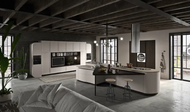 Cucina Design con grande isola centrale Vita Bella in laccato Corda opaco di Aran