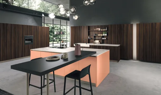 Cucina Design con isola e penisola Volare in legno e laccato opaco con top in laminato di Aran