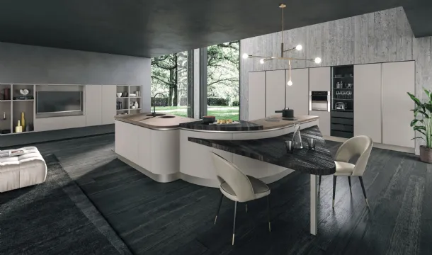 Cucina Design Volare con isola centrale dalle forme curvilinee in laccato Bianco opaco di Aran