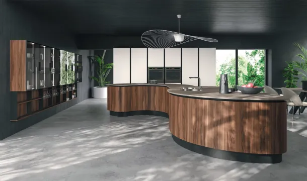 Cucina Design Volare con isola centrale dalle forme curvilinee in Legno di Aran