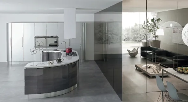 Cucina Design a isola semicircolare Volare in legno lucido Rovere metallizzato argento di Aran
