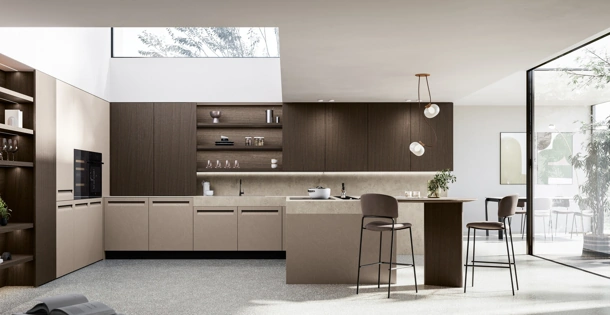 Cucina Moderna con penisola Tekna 02 in pet e noce di Arredo3